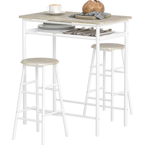 Table de bar debout 2 tabourets étagère pieds métal blanc 80x50x90cm