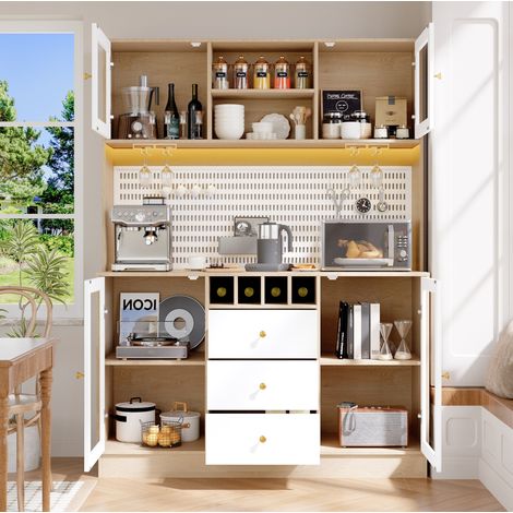Aparador alto 140x40x185.7 cm blanco en MDF y vidrio con LED, botellero, estantes regulables y cajón (1/5)