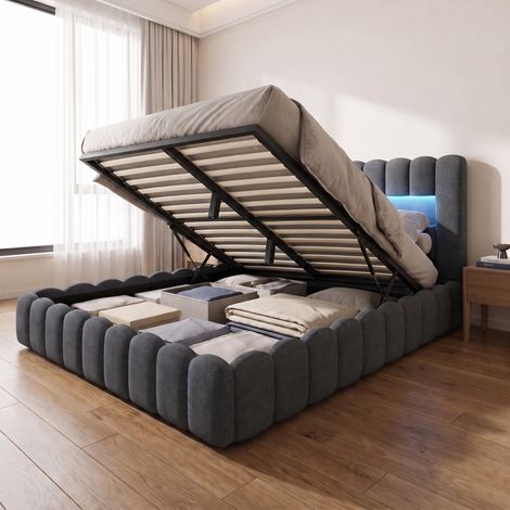 Lit coffre 160x200 cm avec sommier, lit double capitonné en lin, éclairage LED & USB/Type-C, lit adulte hydraulique, style scandinave, Gris foncé