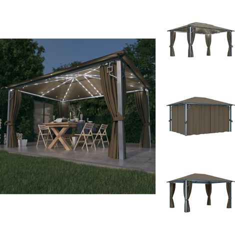 Pavillons & Partyzelte - Living Pavillon mit Vorhängen & LED-Lichterkette 400x300 cm Taupe Alu (1/5)
