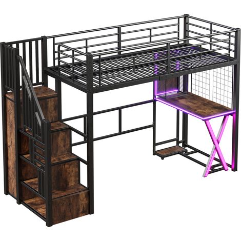 CAIziLit mezzanine 90x200 cm LED avec bureau, armoire et escalier, noir (1/5)