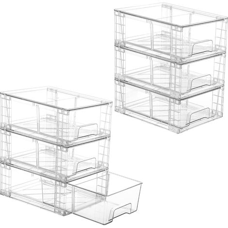 Lot de 6 tiroirs de rangement empilables en acrylique transparent avec poignées, facile à assembler pour réfrigérateur, salle de bain, cuisine, sous-évier, armoire, garde-manger (1/5)