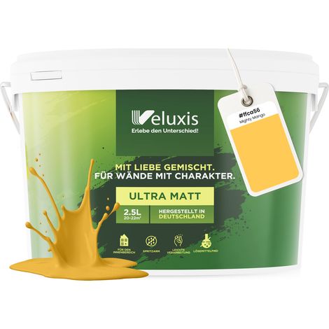 Wandfarbe Gelb Orange Gold Matt Innenfarbe – Deckkraft Klasse 1, VOC-frei, Ohne Grundierung, Tropfarm – Wohnzimmer & Schlafzimmer – 2,5L – Veluxis (Mighty Mango)