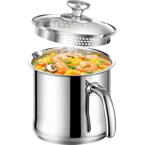 Casserole à lait en acier inoxydable avec couvercle en verre - 14 cm - 2 l - Casserole à double paroi en acier inoxydable avec couvercle - Casserole universelle pour gaz, électrique, induction (1/5)