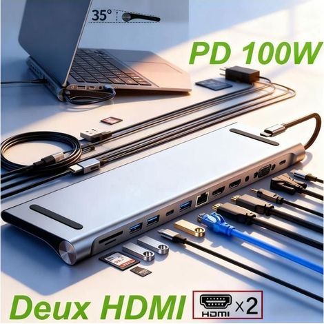 12-in-1 USB-C-Hub: USB-C-auf-Dual-4K-HDMI- und VGA-Adapter, 100-W-PD-Anschluss, USB 3.0, RJ45, SD/TF-Kartenleser, 3,5-mm-Kopfhöreranschluss (1/5)