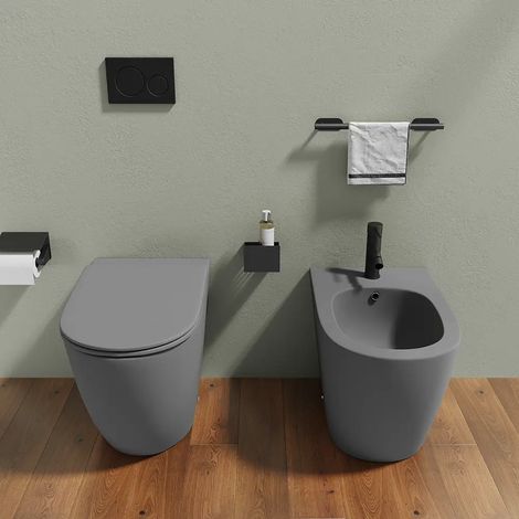 Coppia di Sanitari Filomuro in Ceramica Grigio Opaco Vaso Rimless con Copriwc Soft-close e Bidet Mod. Europa (1/5)