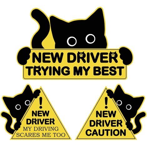 Lot de 3 aimants de Conduite pour Voiture, Motif Chat Noir, Amusants, pour conducteur Novice, Veuillez Patienter, Panneaux d'avertissement de sécurité pour conducteur étudiant, Taille Moyenne et (1/5)