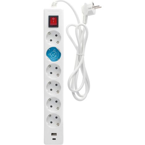 6T+USB C+A Mehrfachsockel mit Schalter (3x1,5mm) mit 1,4m Kabel aus weißem Polypropylen