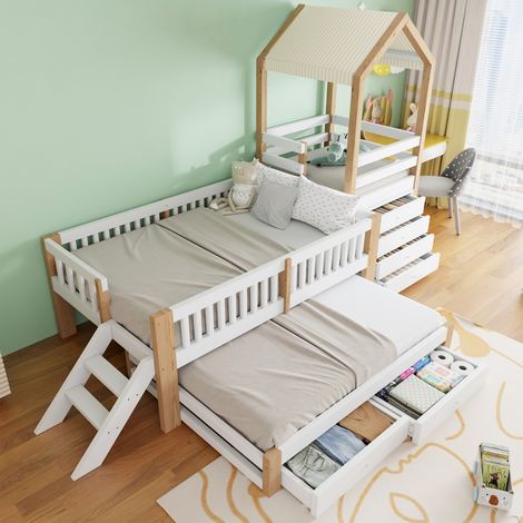 Lit cabane enfant 90x200, lit gigogne 90x190, toboggan, escalier latéral, tiroirs, structure bois massif, toit tissu, coloris blanc, bois brut (sans Matelas) (1/5)
