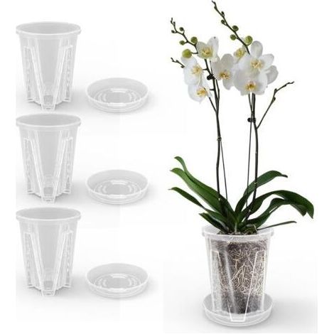 BUNTHAUS (3 Stück, 14 cm) Orchideentöpfe, transparente Blumentöpfe mit Untersetzer und Abflusslöchern, Kunststoff-Blumentöpfe für drinnen und draußen, Balkon, Schreibtisch (1/5)