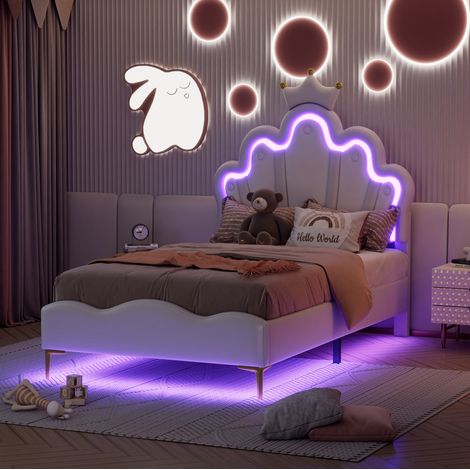 MEUBLIV Cama 90x200 cm blanca – cabecero corona, LED regulable, sin colchón (1/5)