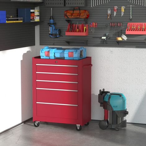 Carro de Herramientas para Taller con Ruedas 5 Cajones Armario con Cierre y Asa Lateral 61,5x33x82,5 cm Rojo (1/5)