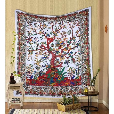 Tapestry Arbre De Vie - 127 x 152 cm - Coton Polyester Mélangé - Décoration Murale Chambre Salon - Tissu Multifonction pour Lit Pique-Nique Yoga (1/3)