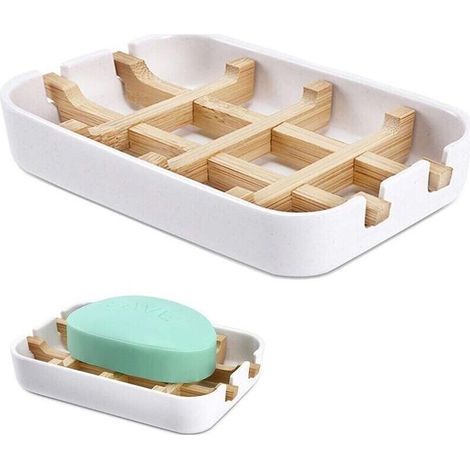 Porte-savon en bambou naturel écologique avec égouttoir antidérapant – Blanc, 1 pièce (1/4)