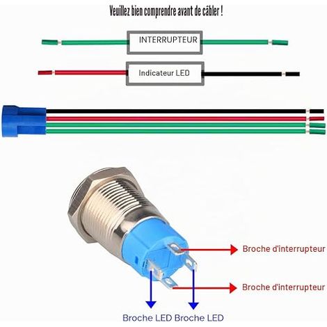 Waterproof Stainless Steel Push Button Switch 220V-230V/3A LED Ring Light Switch Power Socket Suitable 12mm Mounting Hole (Blue) (1/3)