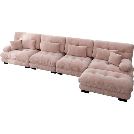 Divano angolare modulare 4 posti in ciniglia rosa con ottomana mobile (1/5)
