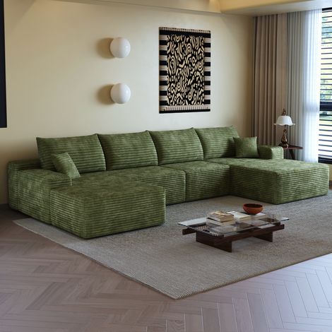 Divano angolare a 4 posti con pouf removibile in velluto a coste, comprimibile, non richiede montaggio, stile moderno, 340x175x83 cm, verde (1/5)