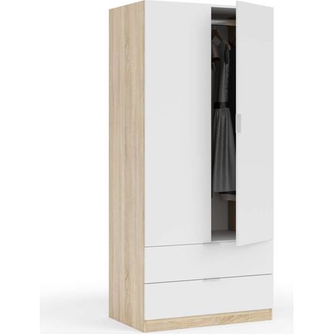 Armario ropero Berta 2 puertas 2 cajones acabado blanco/roble, 180 cm(alto)81 cm(ancho)52 cm(largo) (1/5)