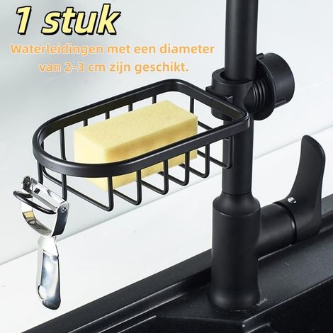 Ensemble de 2 égouttoirs pour évier avec porte éponge à placer au-dessus du robinet dimensions 18 x 11 x 4,5 cm pour ranger torchons et brosses couleur noire (1/5)