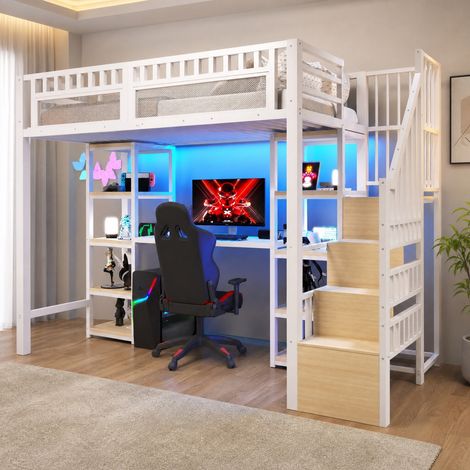 Hochbett 90 x 200 cm aus Metall und MDF mit Schreibtisch, Regalen, Leiter und weißer LED (1/5)
