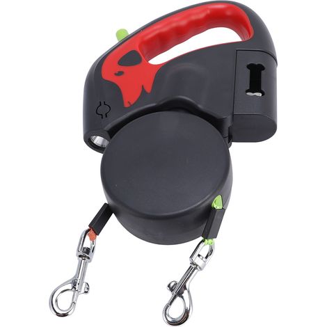 Laisse rétractable automatique pour chien, longueur ajustable, batterie 500 mAh, laisse double pour promener 2 chiens (rouge) (1/5)