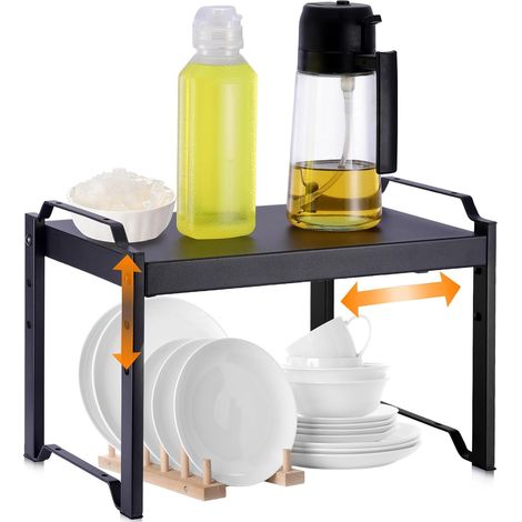 Etagere Placard, 32-53 cm Etagere Cuisine Extensibles Etagere Rangement Cuisine pour Plan de Travail, Rangement Placard à 3 Réglages de Hauteur, Rangement Peu Encombrante, Noir