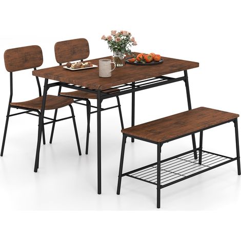 COSTWAY Dining Table Set for 4 Dining Room Kitchen Table w/ Bench-Brown (1/5)