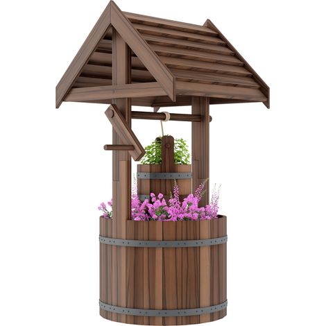 Outsunny Wooden Wishing Well Planter, Flower Planter with Drainage Hole