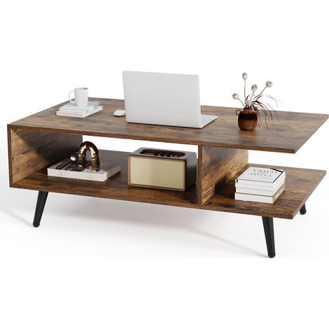 COSTWAY Mid Century Modern Coffee Table 2-Tier Accent Table-Brown (1/5)