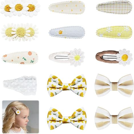 14-teiliges Set Haarspangen mit Blumenstickerei, rutschfeste Haarspangen für Mädchen, Haarspangen mit Gänseblümchenmuster aus Stoff für Mädchen jeden Alters (Gelb) (1/5)