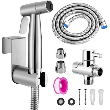 Douchette Toilette, WC Kit Complet,Kit WC, Adaptateurs G1/2' et G3/8' Pulvérisateur Pour l'hygiène Personnelle Quotidienne, Pomme de Douche Toilette avec Tuyau, Argent (1/5)