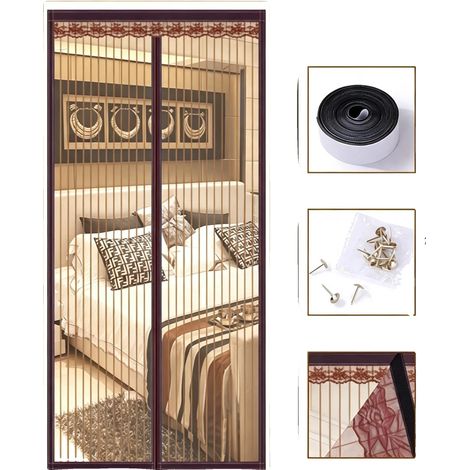 Mosquitera para puerta, fibra de vidrio de alta densidad, cierre magnético, color café a rayas, 120 cm x 230 cm. (1/2)