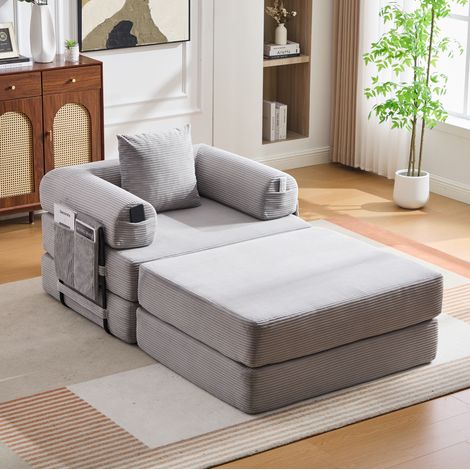Canapé modulare in velluto a coste grigio chiaro con pouf, 112x190x67 cm, design ergonomico senza montaggio (1/5)