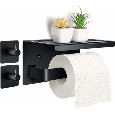 No Drilling Required for Toilet Paper Holder Aluminum Toilet Paper Holder with 17cm Shelf, Self-Adhesive Toilet Paper Holder with 2 Adhesive Hooks, Wall Mounted Toilet Paper Holder for MUMU (1/4)