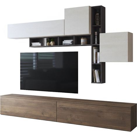 Wohnwand Ippona, Wohnzimmermöbel mit 5 Regalböden, modular, Klapptüren, in Walnussbraun