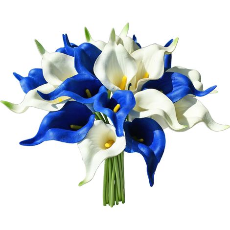 Lot de 20 fleurs artificielles bleues et blanches de type calla en soie (34 cm) pour la fête des mères, Pâques, la maison, la cuisine et les mariages. (1/5)