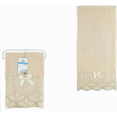 Cleafe - Asciugamano Bagno Viso Piccolo Cotone Morbido Decorato 35x75cm Beige Scuro 79508 - (1/2)