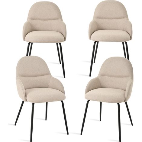 Lot de 4 chaises de salle à manger avec accoudoirs, tissu lin beige, pieds métal (1/5)