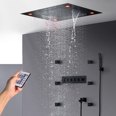 Regendusche Set Duschsystem mit Thermostat Unterputz 12 Farben LED Duschgarnitur Duschset mit Armatur, 600x800mm 4 Modi Duschkopf und Handbrause, 6PCS 50mm Massagedüse, Schwarz (1/5)