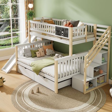 Lit superposé 90x200cm + 140x200cm en bois - avec 2 tiroirs、toboggan et escalier de rangement - Blanc (1/5)