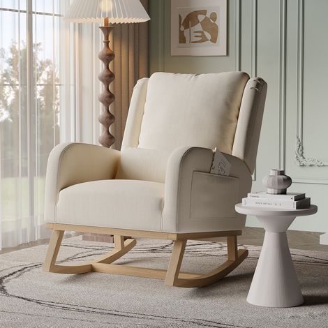 Sillón mecedora con bolsillo lateral, respaldo alto, cojín lumbar, respaldo capitoné de lino, reposabrazos y estructura de madera, beige (1/5)
