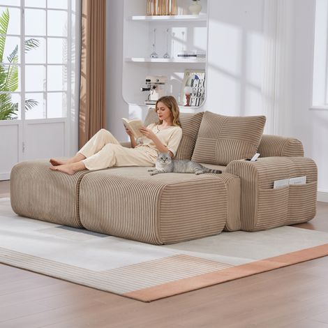 Canapé modulaire velours côtelé 2 personnes avec 2 tabourets combinable librement porte-gobelet sac rangement latéral salon familial multifonction (1/5)