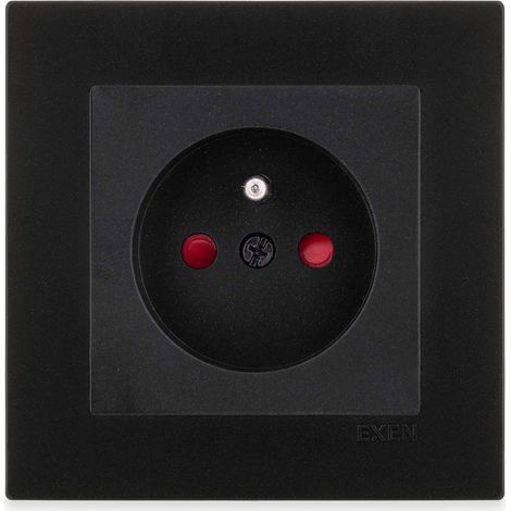 Prise de courant complète 2P+T noir avec obturateurs, cadre simple noir métallisé Série KARELL 16A 250V EXEN