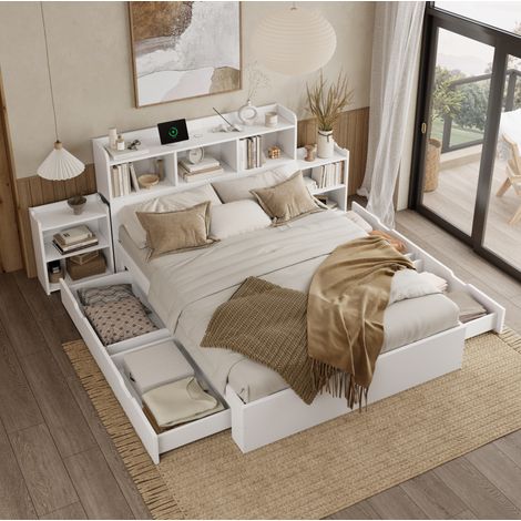 DESVIAE Lit double avec tête de lit rangement et 4 tiroirs avec table de chevet coulissante recharge sans fil Type C 140 x 200 cm blanc (1/5)