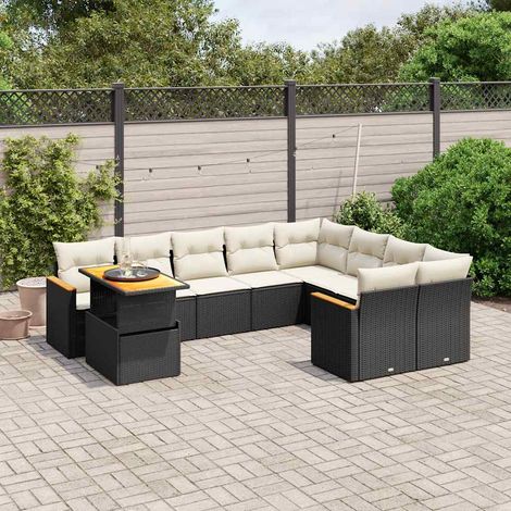 Ensemble de jardin 10 places en résine tressée noir avec coussins crème - Salon extérieur modulaire avec table réglable (1/3)