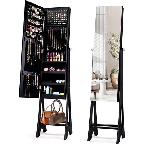 COSTWAY Armadio Portagioie con Specchio Indipendente, Armadietto per Gioielli con Specchio a Lunghezza Intera Senza Cornice, Luci LED Incorporate e Ripiano Inferiore, 36x33,5x154,5 cm (1/5)