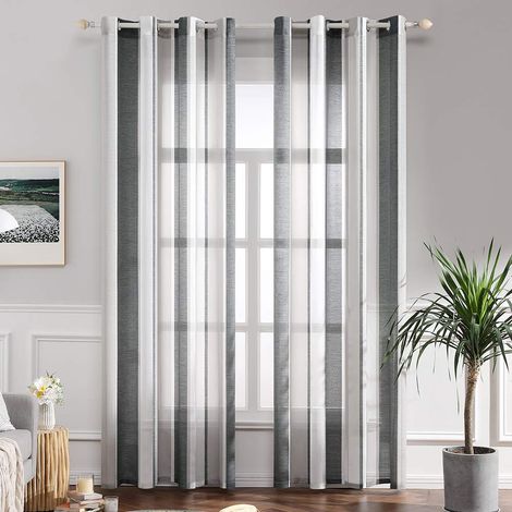 Rideaux transparents à rayures blanches et grises, adaptés aux fenêtres de chambre ensemble de deux pièces, 140 cm de large et 245 cm de haut. (1/5)