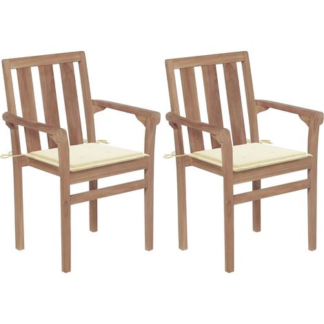 Gartenstühle 2 Stk. mit Cremeweißen Kissen Teak Massivholz