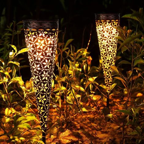 Lampes solaires en métal pour jardin extérieur, lot de 2 lampes solaires de jardin à LED avec IP65 étanche, lampes de jardin solaires orientales blanc chaud