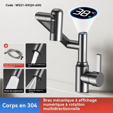 Robinet robotisé multidirectionnel à affichage numérique intelligent, trois modes de sortie d'eau, tuyau d'arrosage gratuit inclus, gris anthracite. (1/5)